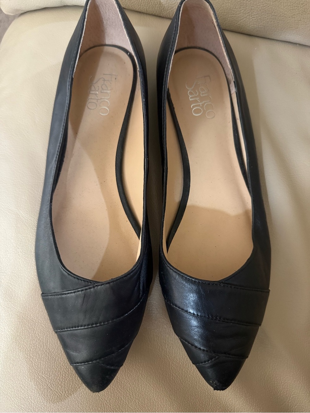 Franco Sarto Black Pointed-Toe Leather Ballet Flats